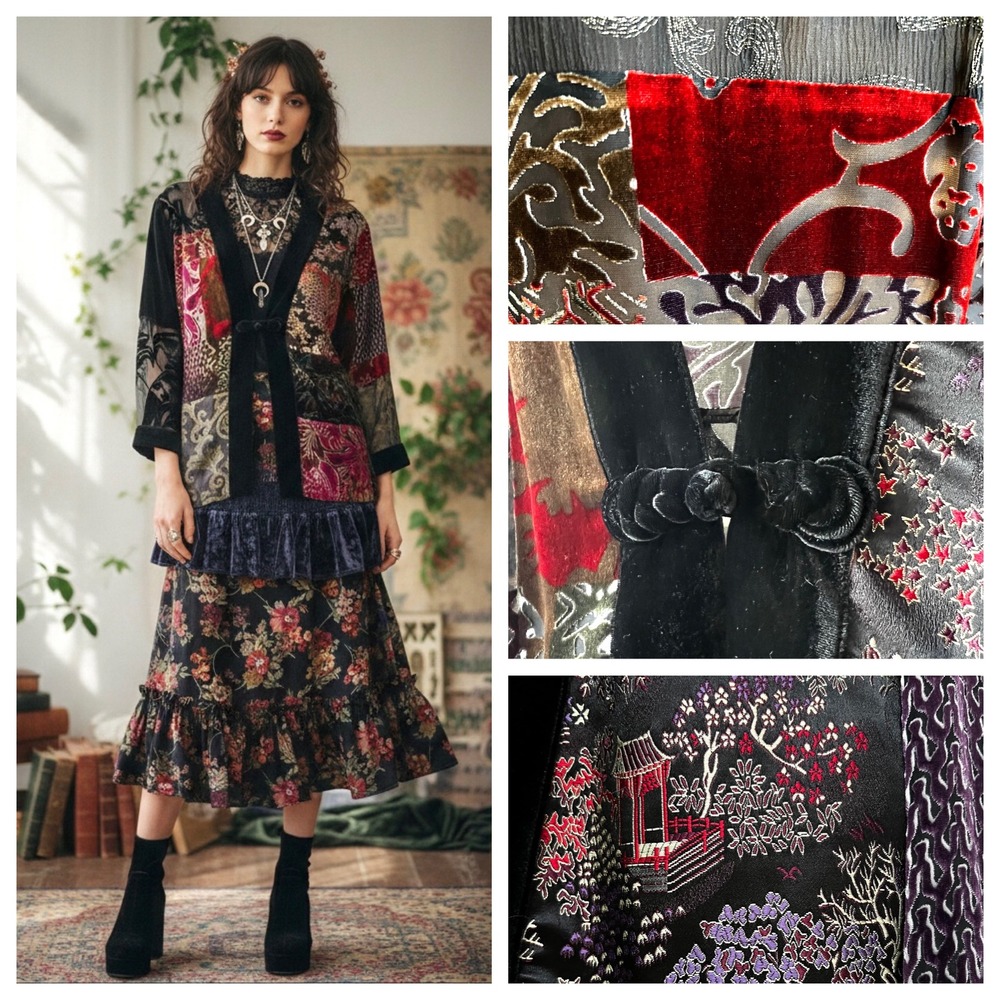 Chicos Vintage 90s Whimsigoth Patchwork Kimono Jacket Silk Velvet Burnout Sz‎ M